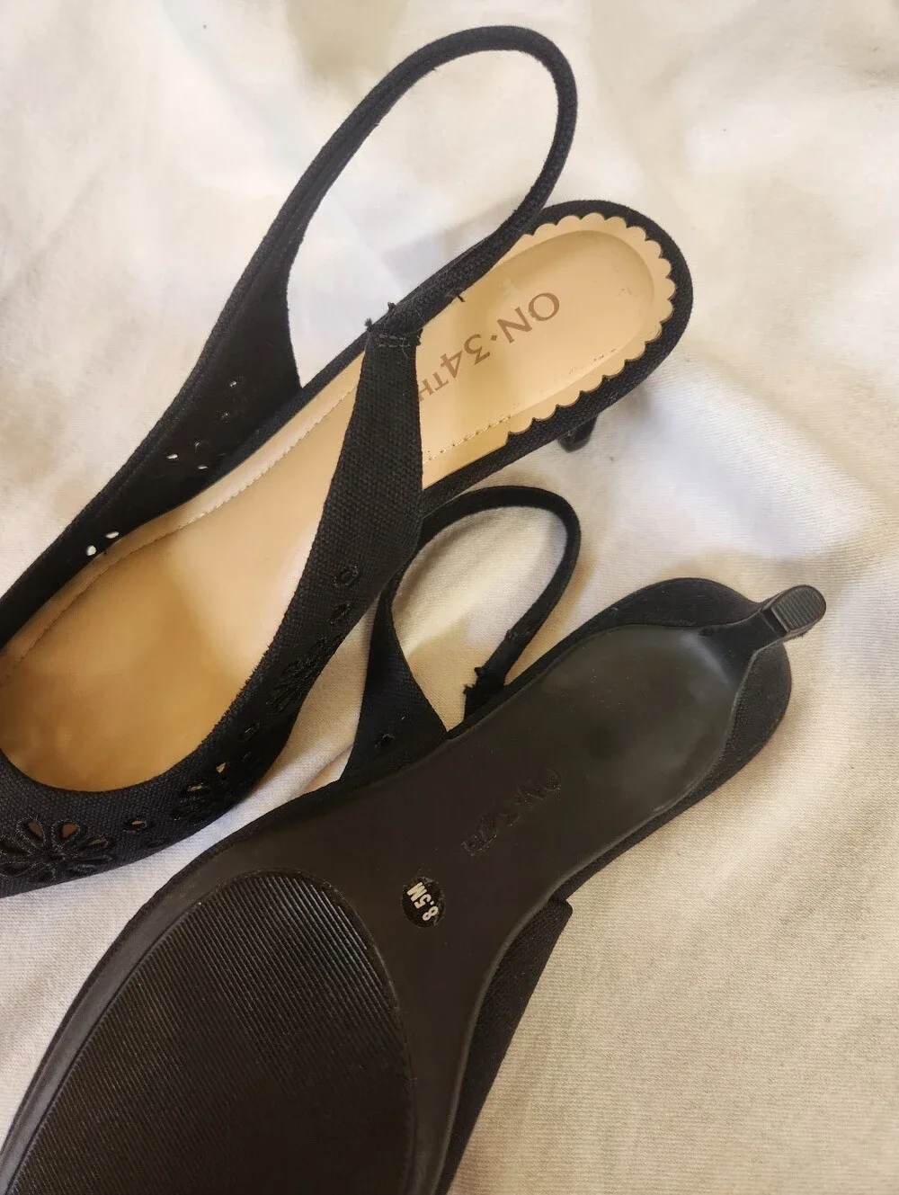 On 34th Black Slingback Pointed Toe Kitten Heels Eyelet Size 8.5M
